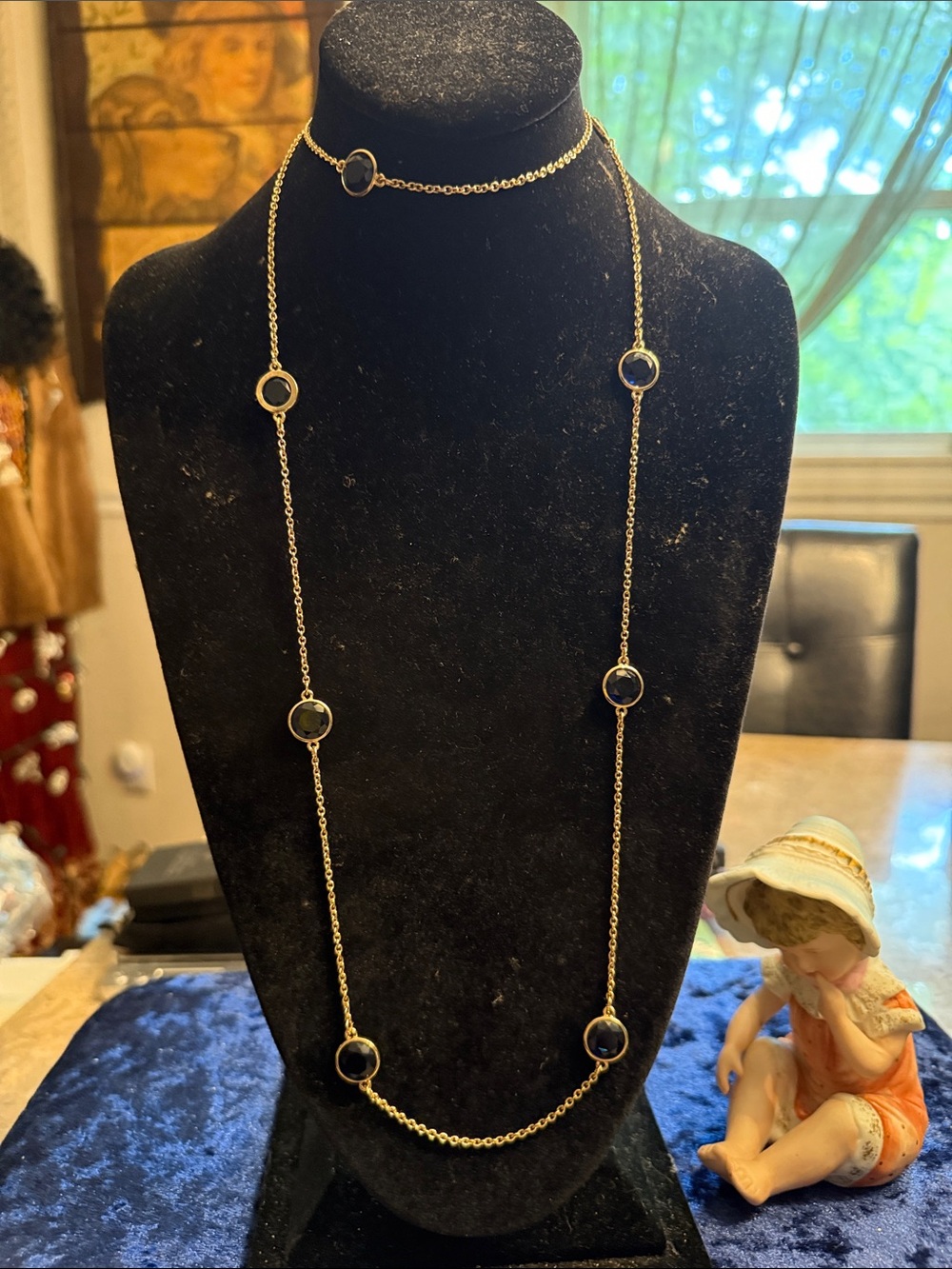 NWOT Ann Taylor go home elongated necklace with dark blue faceted crystal stones